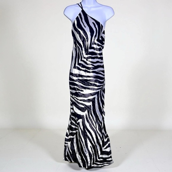 Michelle Mason One-Shoulder Zebra-Printed Silk Velvet Midi Dress HOCO Size 0 NWT - Picture 1 of 16